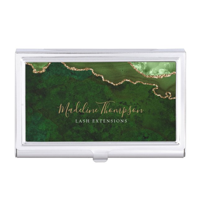 Elegant Emerald Green Marble Agate Geode Business Card Case (Front)