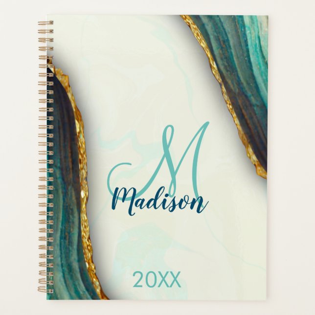 Elegant emerald green marble art faux gold glitter planner (Front)