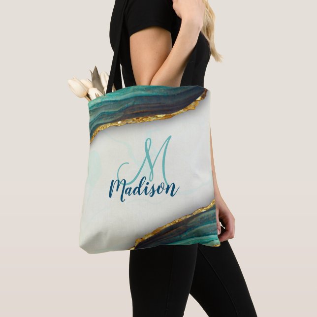 Elegant emerald green marble art faux gold glitter tote bag (Close Up)