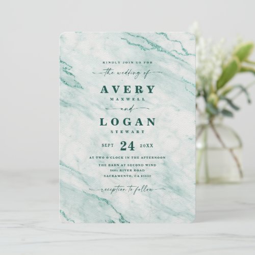 Elegant Emerald Green Metallic Marble Wedding Invitation