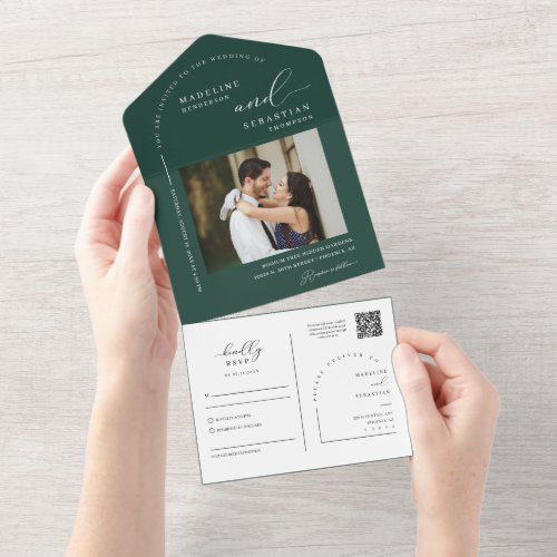 Elegant Emerald Green Minimal Arch QR Code Photo All In One Invitation