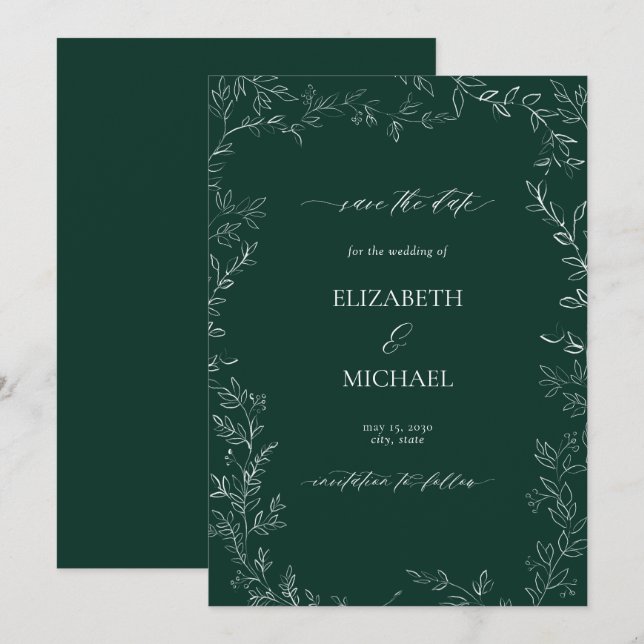 Elegant Emerald Green Modern Leaf Save the Date Invitation (Front/Back)