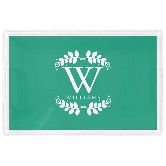 Elegant Emerald Green Modern Monogram Acrylic Tray (Front)