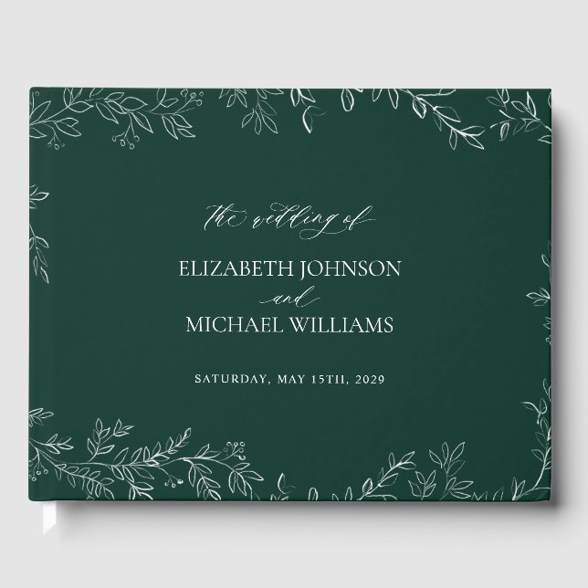 Elegant Emerald Green Modern Rustic Leaf Wedding Guest Book (Front)