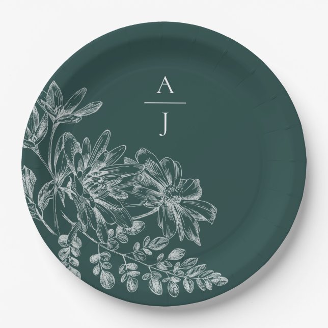 Elegant Emerald Green Monogram Floral Paper Plates (Front)