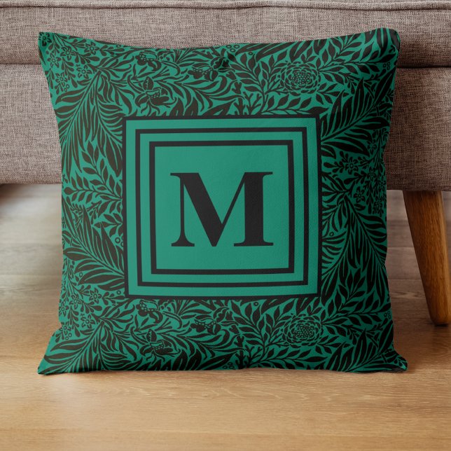Elegant Emerald Green Monogram Foliage Pattern Throw Pillow (Creator Uploaded)