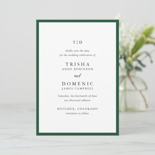 Elegant Emerald Green Monogram Modern Wedding Save The Date (Standing Front)