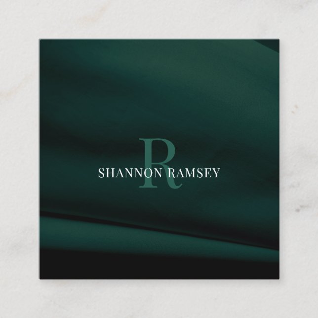 Elegant Emerald Green Monogram Square Business Card (Front)