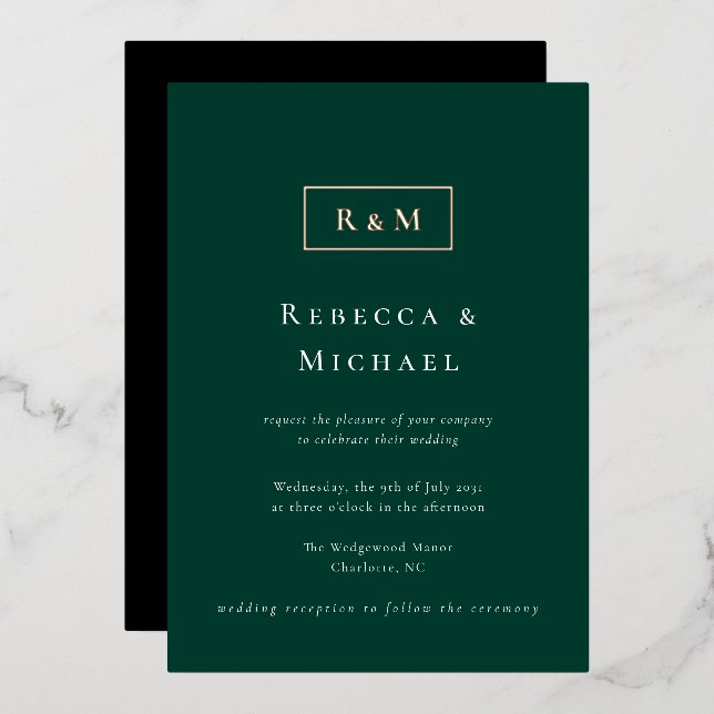 Elegant Emerald Green Monogram Wedding Foil Invitation (Front/Back)