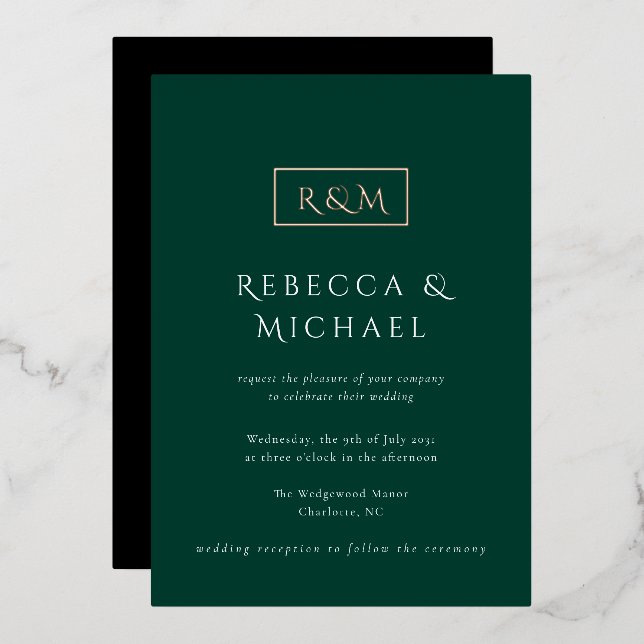 Elegant Emerald Green Monogram Wedding Foil Invitation (Front/Back)