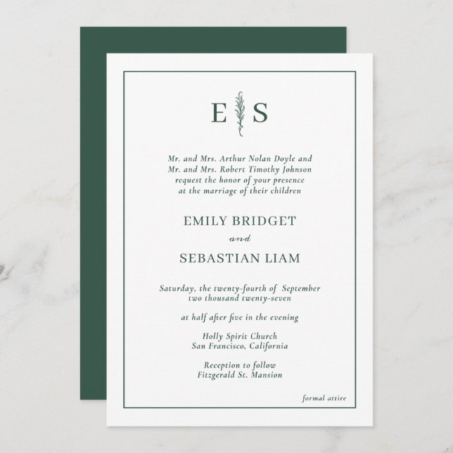 Elegant Emerald Green Monogram Wedding Invitation (Front/Back)