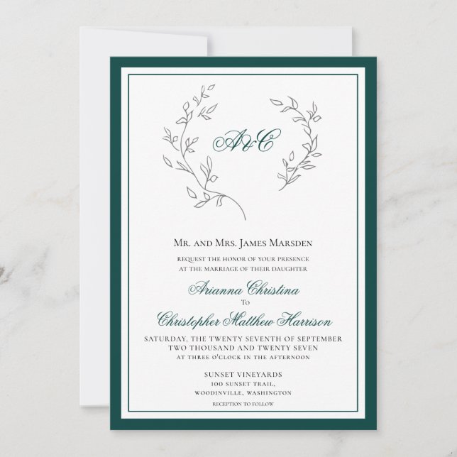 Elegant Emerald Green Monogram Wreath Wedding  Invitation (Front)