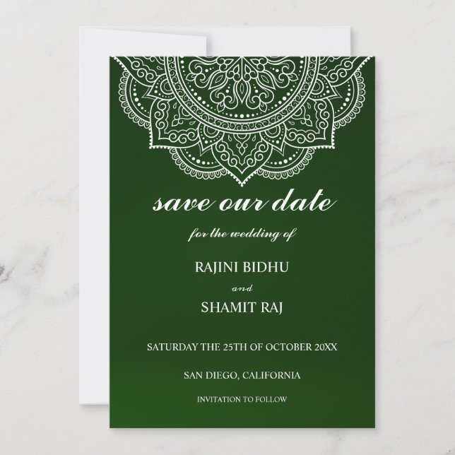 Elegant Emerald Green Paisley Indian Hindu Wedding Save The Date (Front)