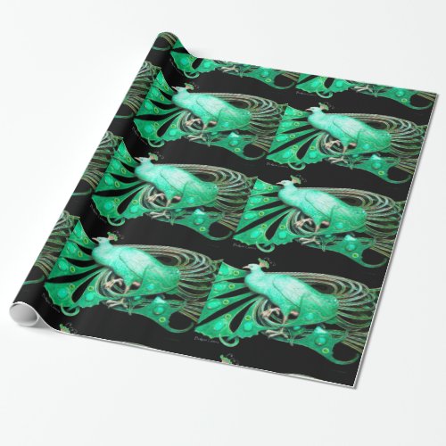 ELEGANT EMERALD GREEN PEACOCK JEWEL AND GEM STONES WRAPPING PAPER