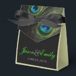 Elegant Emerald Green Peacock Wedding Favor Boxes<br><div class="desc">Beautiful royal blue and emerald green peacock wedding favor boxes. You can personalize this elegant royal,  teal blue and emerald green peacock feather wedding favor box with your text in the font style you like,  add a background color and change the ribbon color.</div>