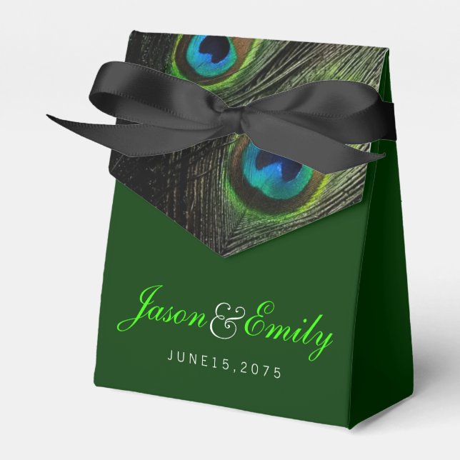Elegant Emerald Green Peacock Wedding Favor Boxes (Front Side)