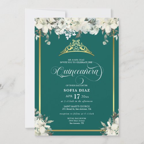 Elegant Emerald Green Photo QR Code Quinceaera Invitation