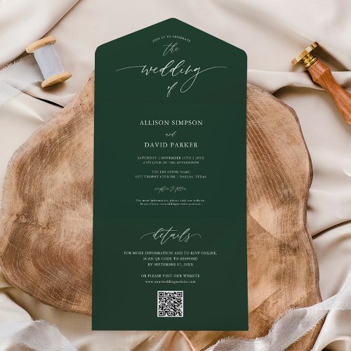 Elegant Emerald Green QR Wedding  All In One Invitation