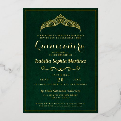 Elegant Emerald Green Quinceaera 15th Birthday Foil Invitation