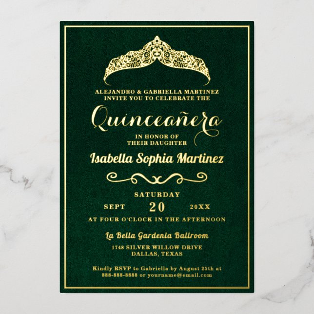 Elegant Emerald Green Quinceañera 15th Birthday Foil Invitation (Front)