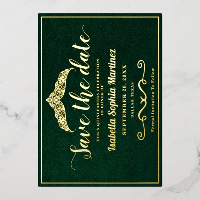 Elegant Emerald Green Quinceañera Save The Date  Foil Invitation (Front)