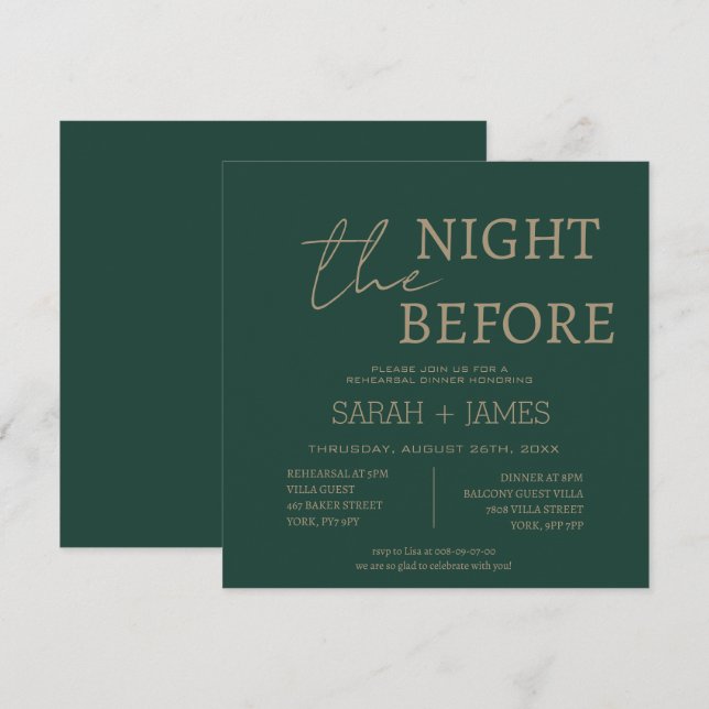 Elegant Emerald Green Rehearsal Dinner Wedding  Invitation (Front/Back)