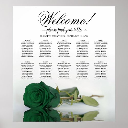 Elegant Emerald Green Rose 10 Table Seating Chart