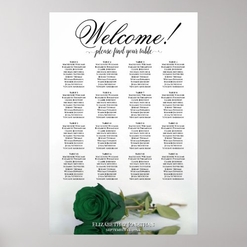 Elegant Emerald Green Rose 16 Table Seating Chart