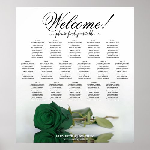 Elegant Emerald Green Rose 16 Table Seating Chart