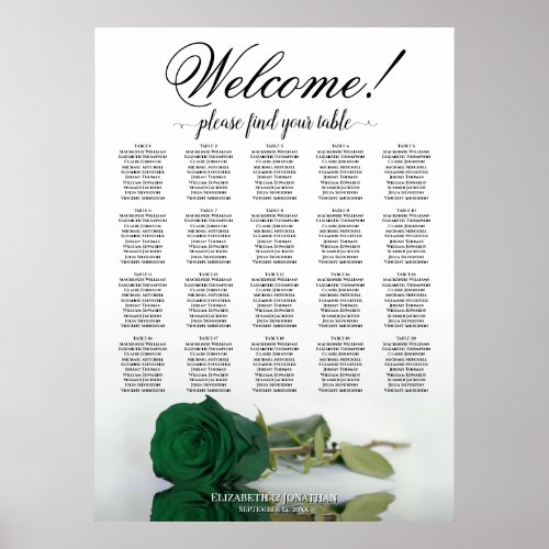Elegant Emerald Green Rose 20 Table Seating Chart