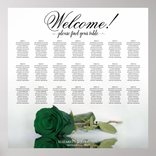 Elegant Emerald Green Rose 21 Table Seating Chart