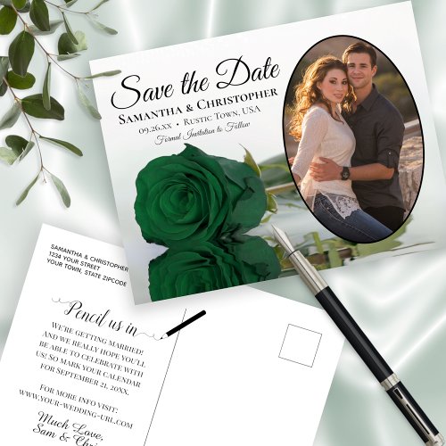 Elegant Emerald Green Rose and Photo Save The Date Announcement Postcard