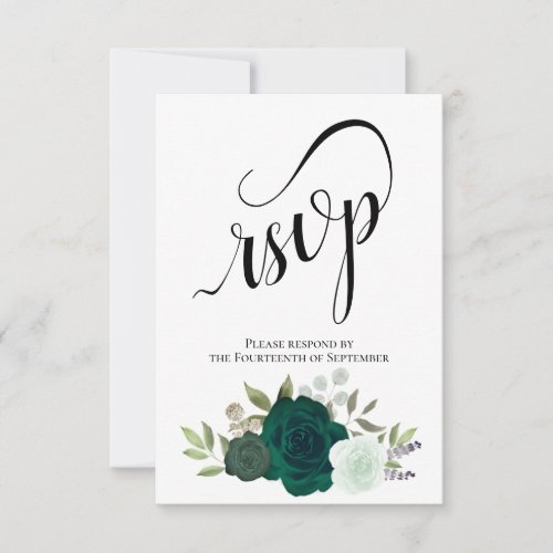Elegant Emerald Green Rose Bouquet Wedding RSVP Card