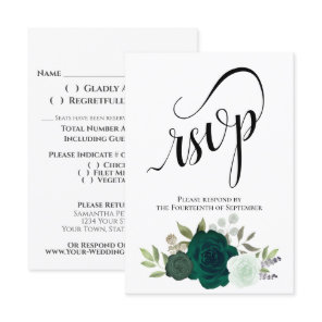Elegant Emerald Green Rose Bouquet Wedding RSVP Card