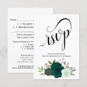 Elegant Emerald Green Rose Bouquet Wedding RSVP Card