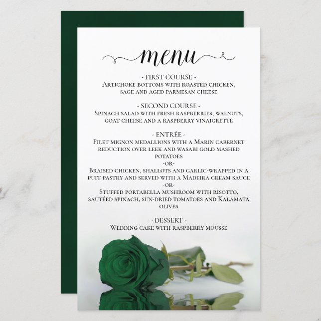 Elegant Emerald Green Rose Budget Wedding Menu (Front/Back)