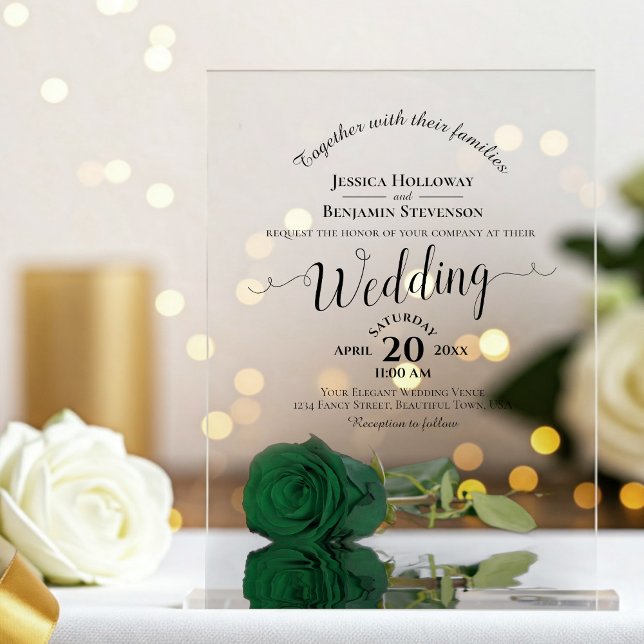 Elegant Emerald Green Rose Calligraphy Wedding Acrylic Invitations (Clear with Rectangle Cut)