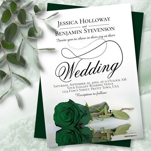 Elegant Emerald Green Rose Classy Script Wedding Invitation