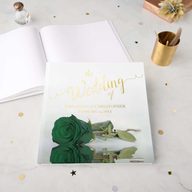 Elegant Emerald Green Rose Large Wedding Foil Foil Guest Book (Front Open)