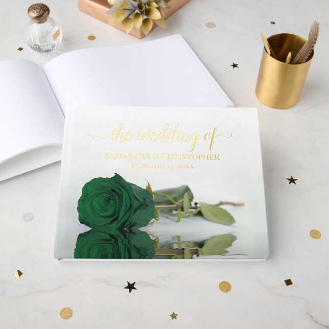 Elegant Emerald Green Rose Medium Wedding Foil Guest Book (Front Open)