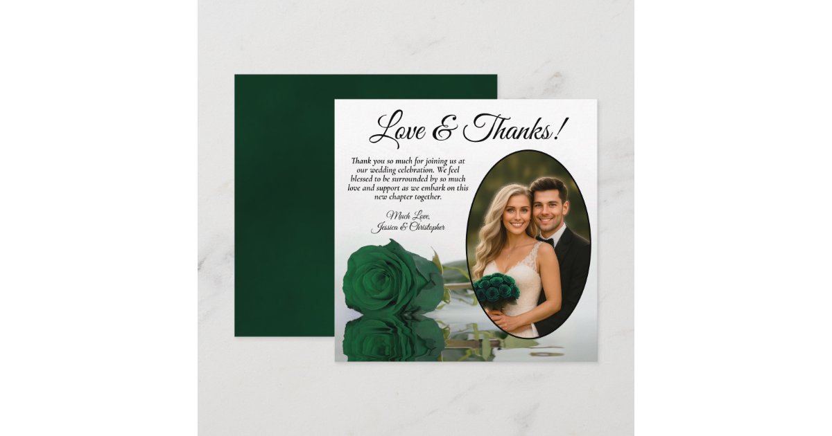 Elegant Emerald Green Rose Oval Photo Wedding Thank You Card | Zazzle