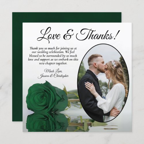 Elegant Emerald Green Rose Oval Photo Wedding Thank You Card