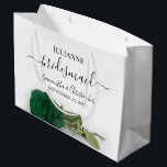 Elegant Emerald Green Rose Posh Bridesmaid Wedding Large Gift Bag<br><div class="desc">These beautiful gift bags are designed as a wedding gift or favor bag for your Bridesmaids. They feature a simple yet stunning design with a long stemmed emerald green colored rose lying on its side. The title "Bridesmaid" written in fancy script letters with swashes on the ends. There is also...</div>