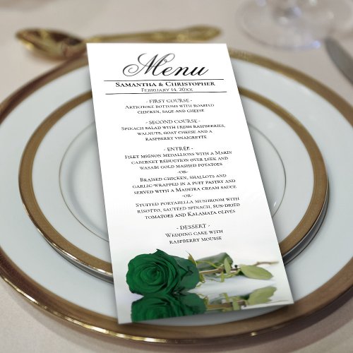 Elegant Emerald Green Rose Reflections Wedding Menu