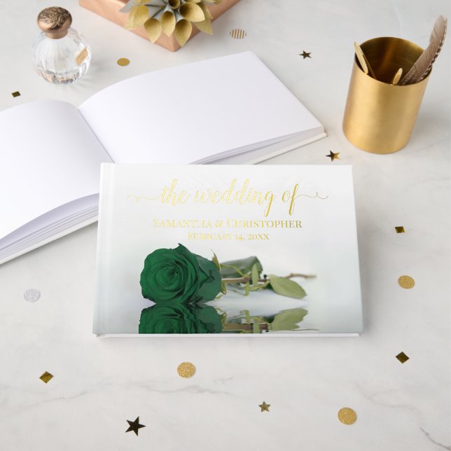 Elegant Emerald Green Rose Small Wedding Foil Foil Guest Book (Front Open)
