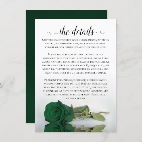 Elegant Emerald Green Rose Wedding Details Enclosure Card