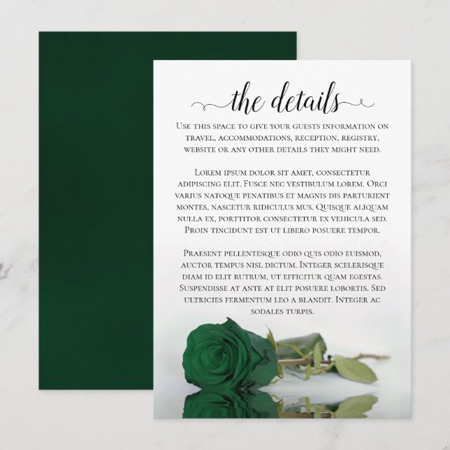 Elegant Emerald Green Rose Wedding Details Enclosure Card (Front/Back)