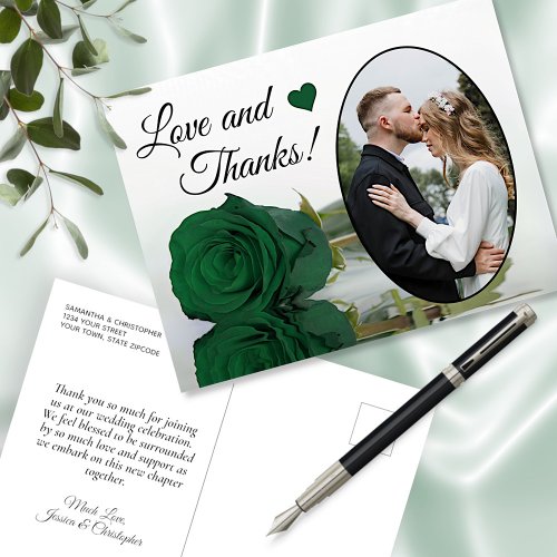 Elegant Emerald Green Rose Wedding Love  Thanks Postcard