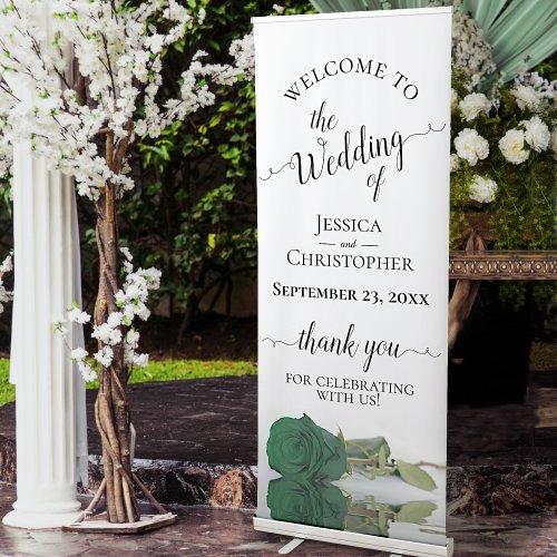 Elegant Emerald Green Rose Wedding Welcome Retractable Banner