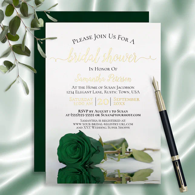 Elegant Emerald Green Rose with Gold Bridal Shower Foil Invitation Zazzle